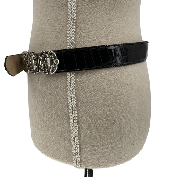 Fossil Black Croco Embossed Cowhide Belt Scrolled Silver Tone Accents/Buckle - L - Picture 8 of 15
